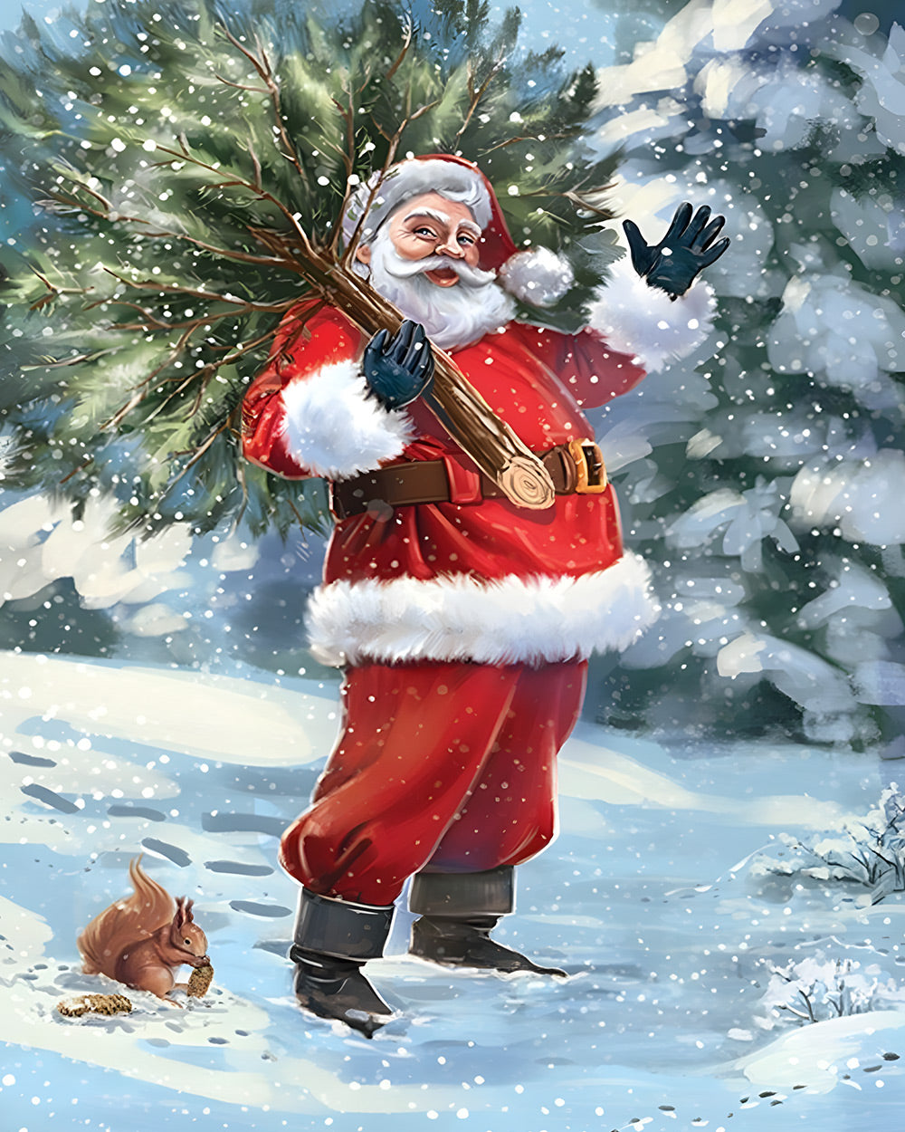 Father christmas carrying a christmas tree cross stitch kit for beginners