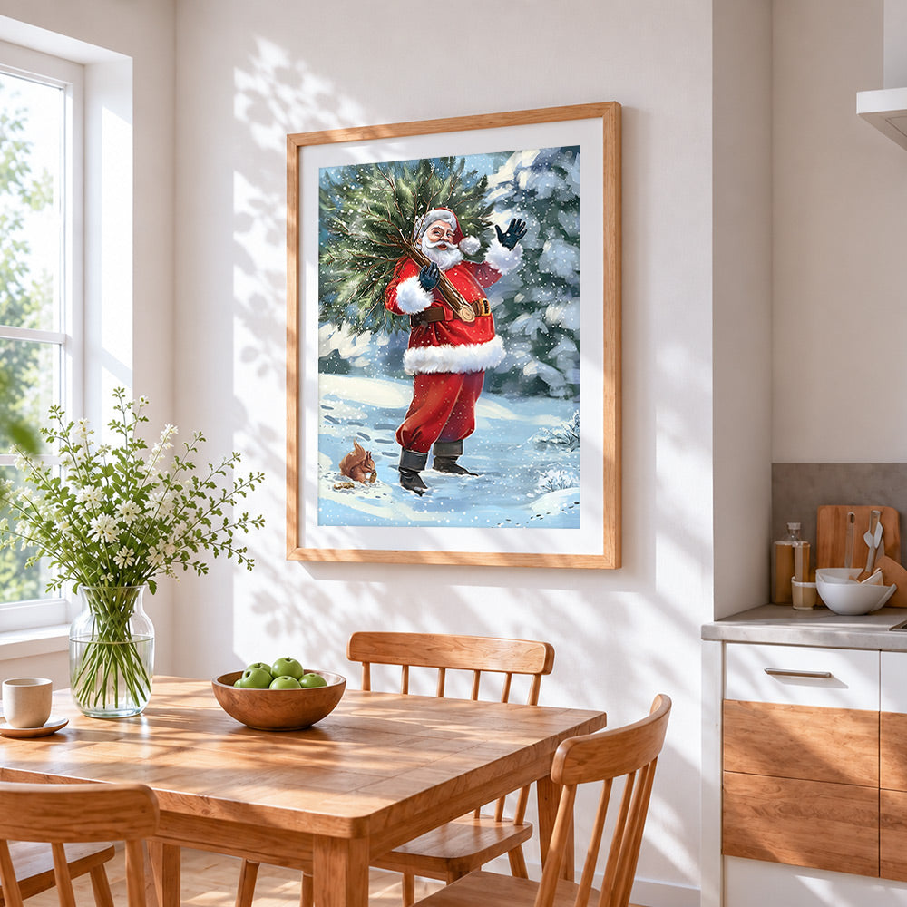 Father christmas carrying a christmas tree cross stitch artwork displayed on wall as home decor