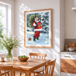 Father christmas carrying a christmas tree cross stitch artwork displayed on wall as home decor