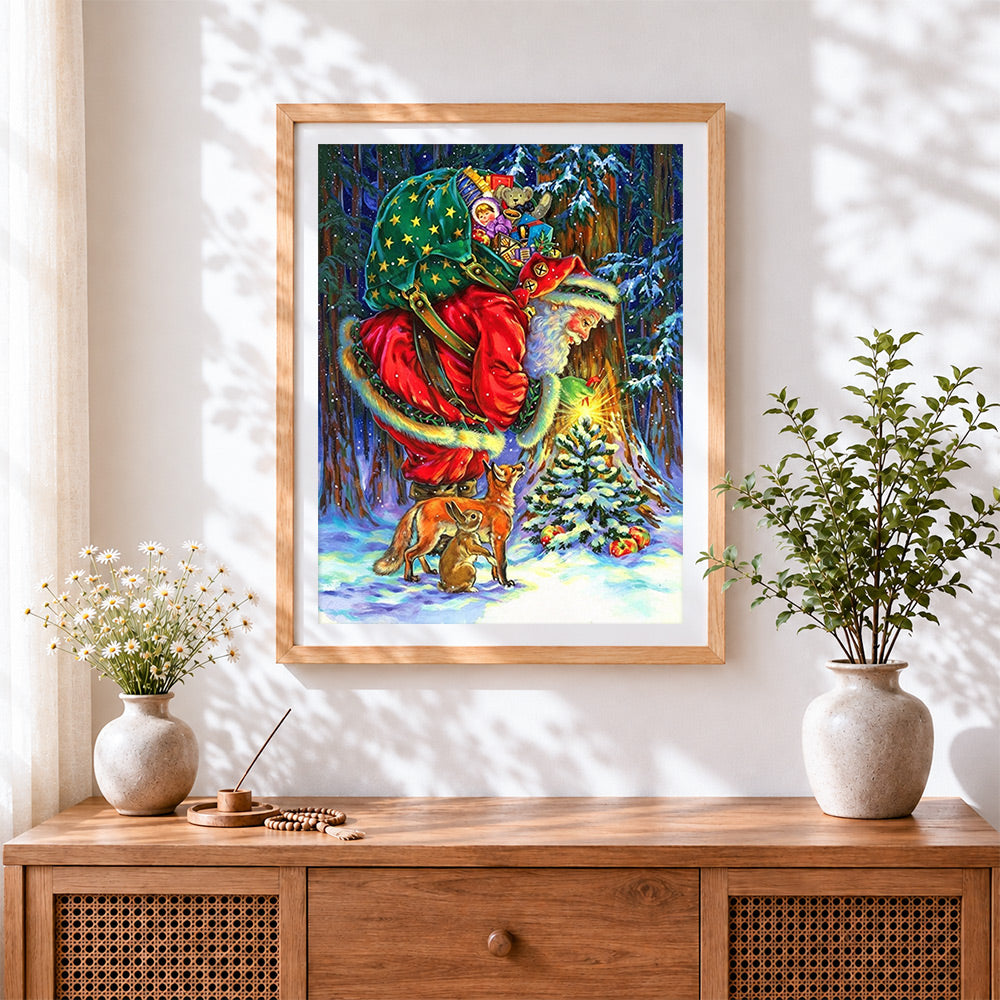 Finished father christmas carrying a sack of toys cross stitch artwork displayed