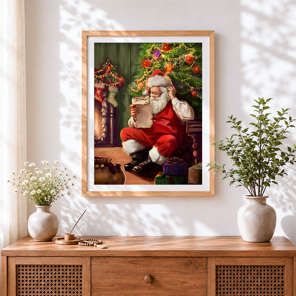 Finished father christmas checking his list cross stitch artwork displayed