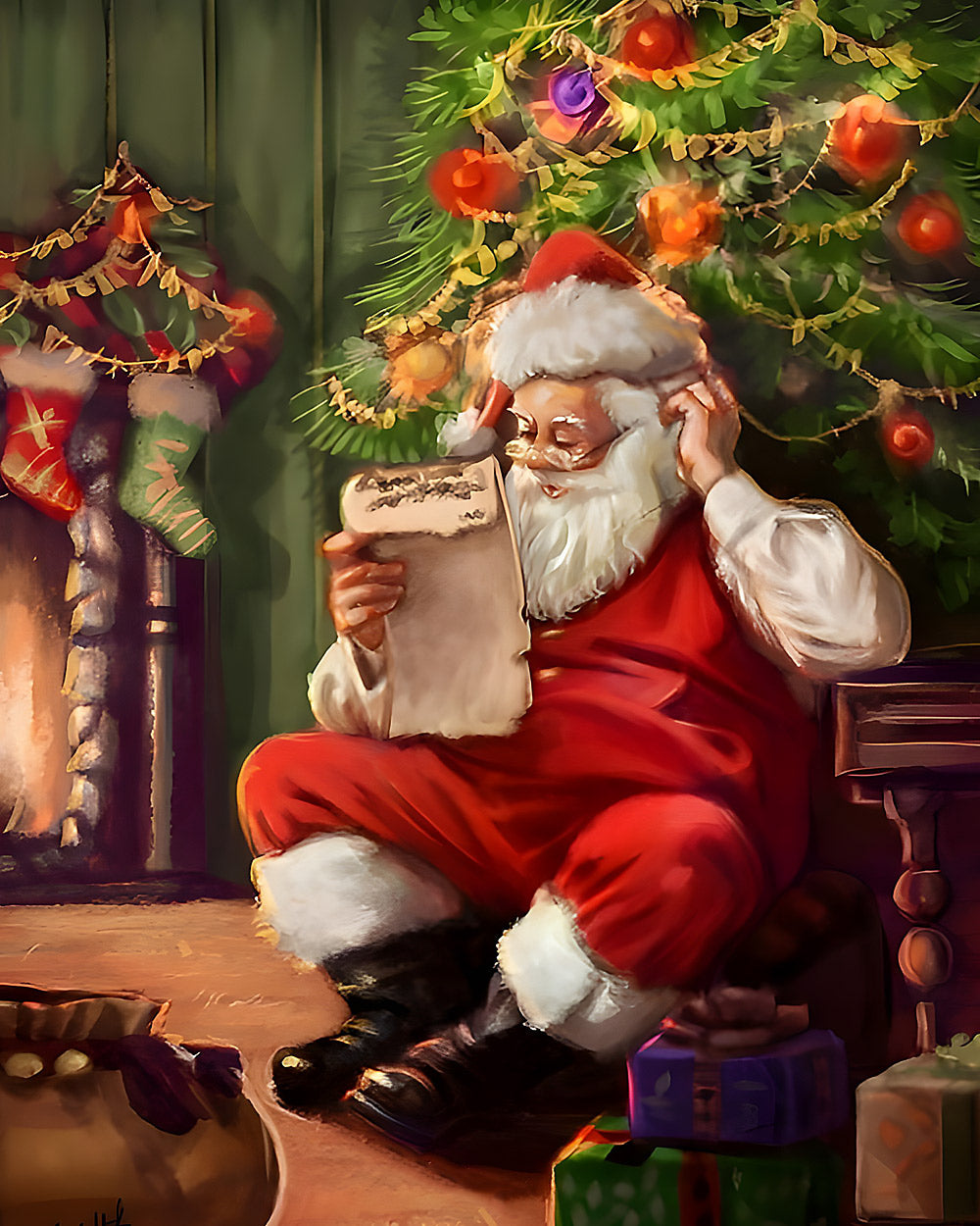 Father christmas checking his list cross stitch kit for beginners