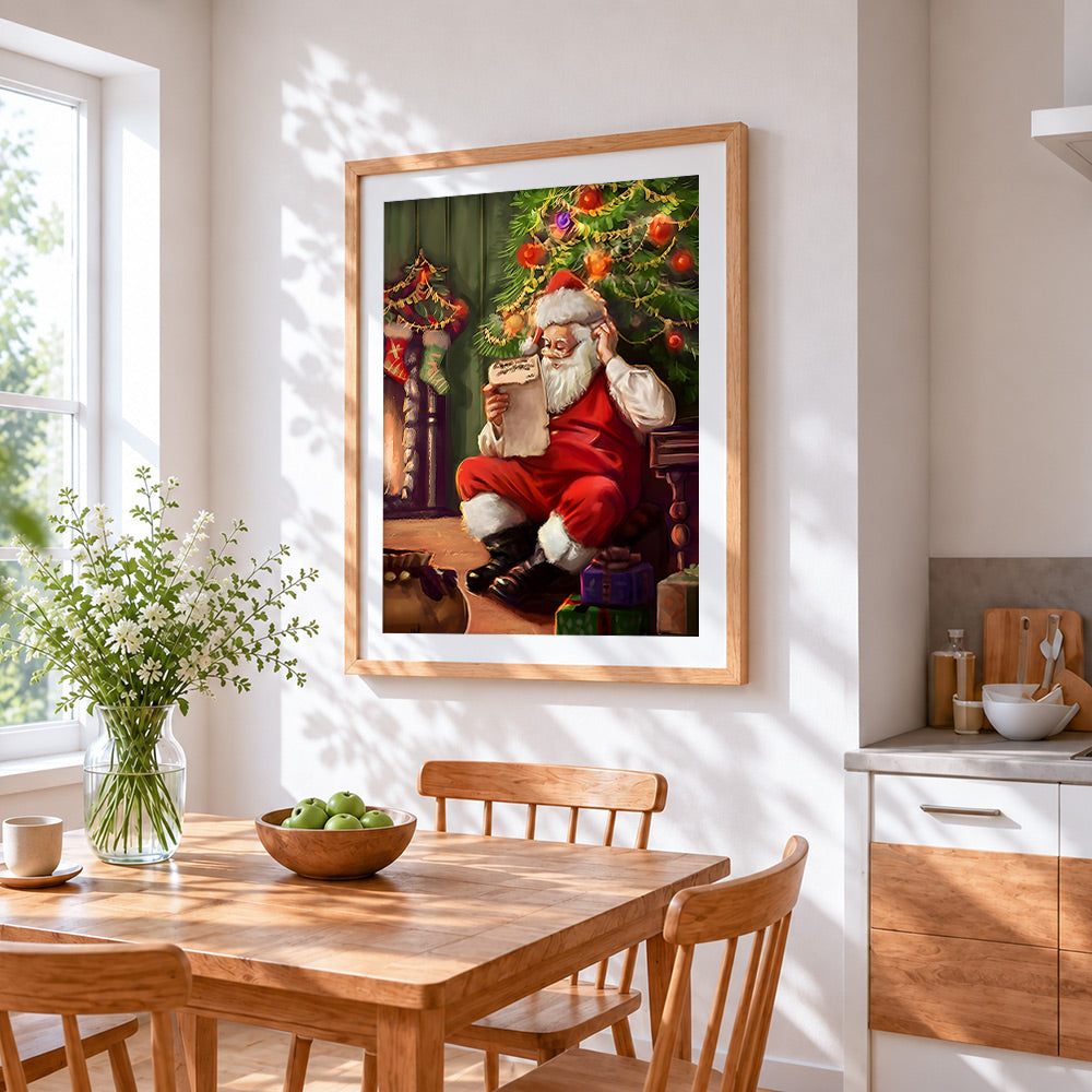 Father christmas checking his list cross stitch artwork displayed on wall as home decor