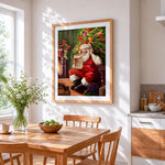 Father christmas checking his list cross stitch artwork displayed on wall as home decor