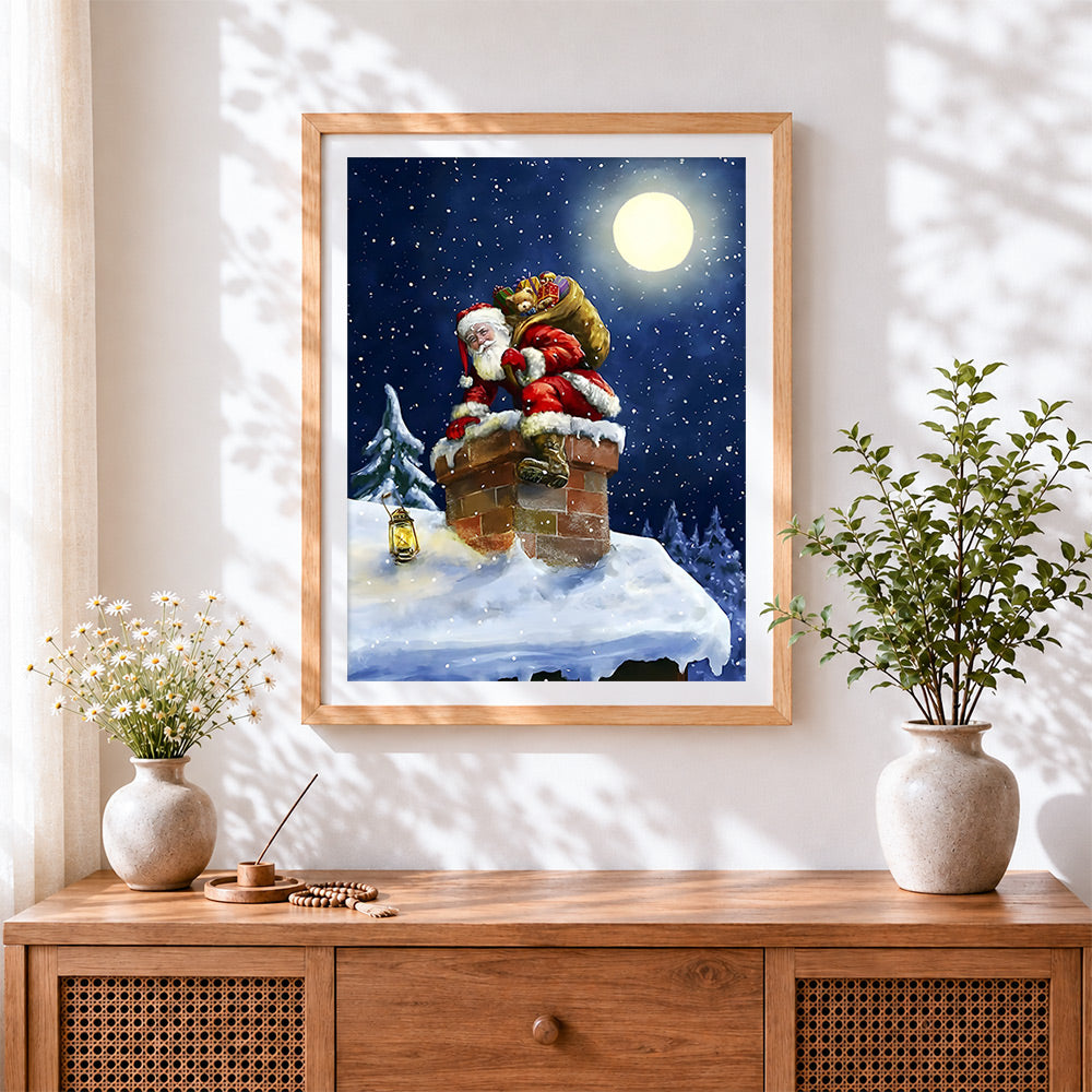 Finished father christmas climbing a snowy chimney cross stitch artwork displayed