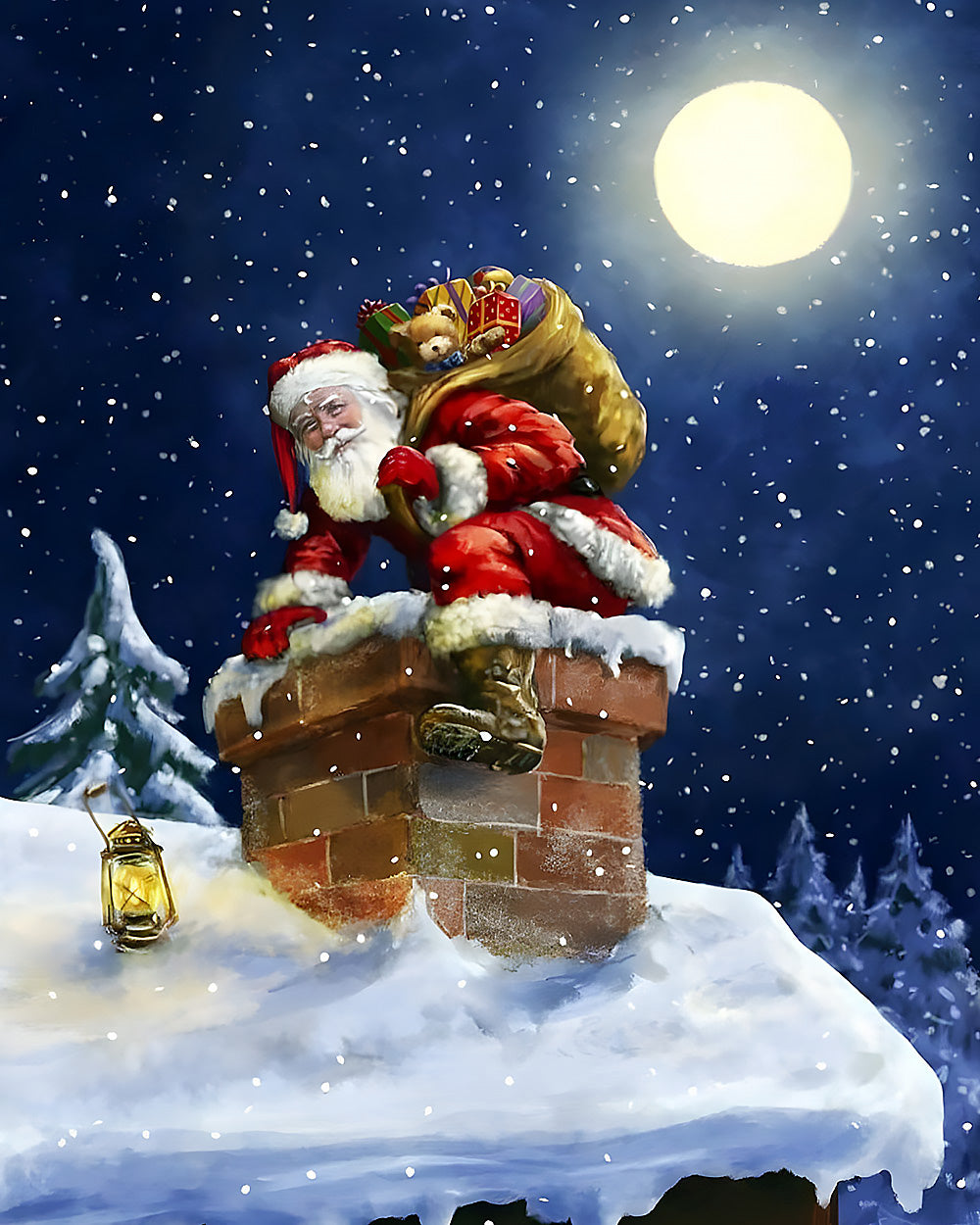 Father christmas climbing a snowy chimney cross stitch kit for beginners