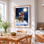 Father christmas climbing a snowy chimney cross stitch artwork displayed on wall as home decor