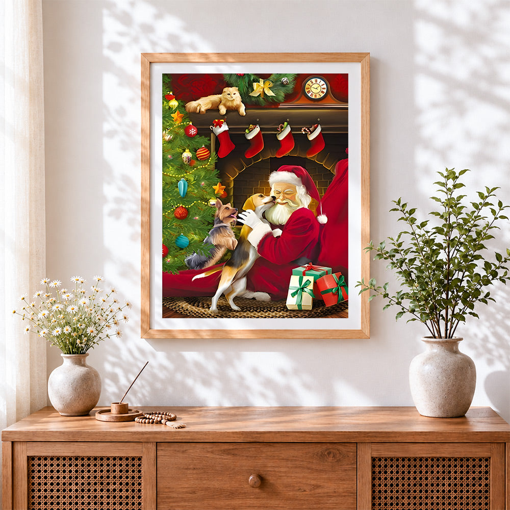Finished father christmas cuddling dogs by the fire cross stitch artwork displayed