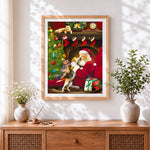 Finished father christmas cuddling dogs by the fire cross stitch artwork displayed