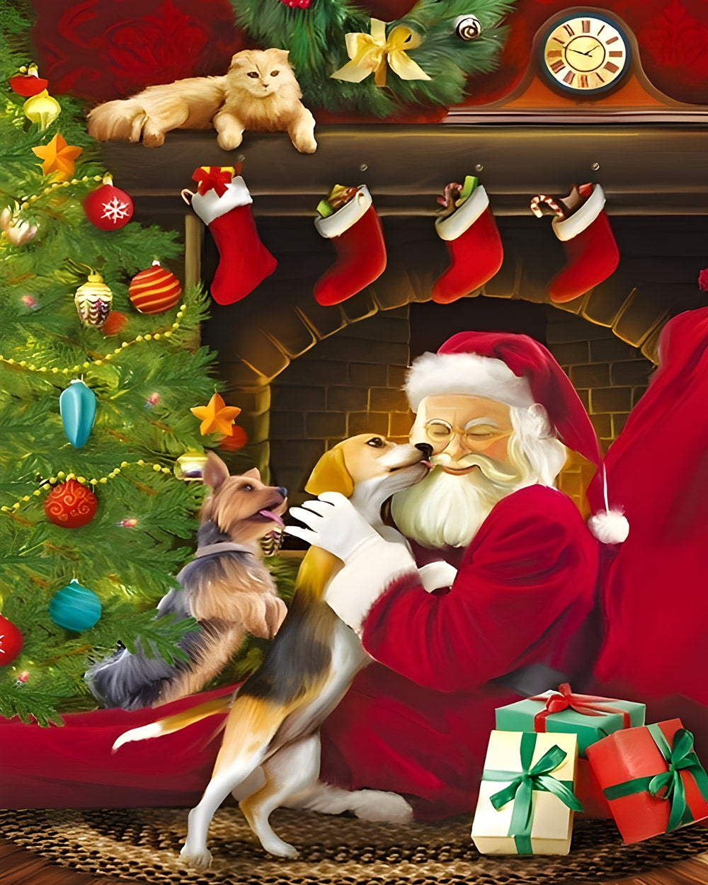 Father christmas cuddling dogs by the fire cross stitch kit for beginners