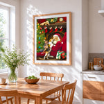Father christmas cuddling dogs by the fire cross stitch artwork displayed on wall as home decor