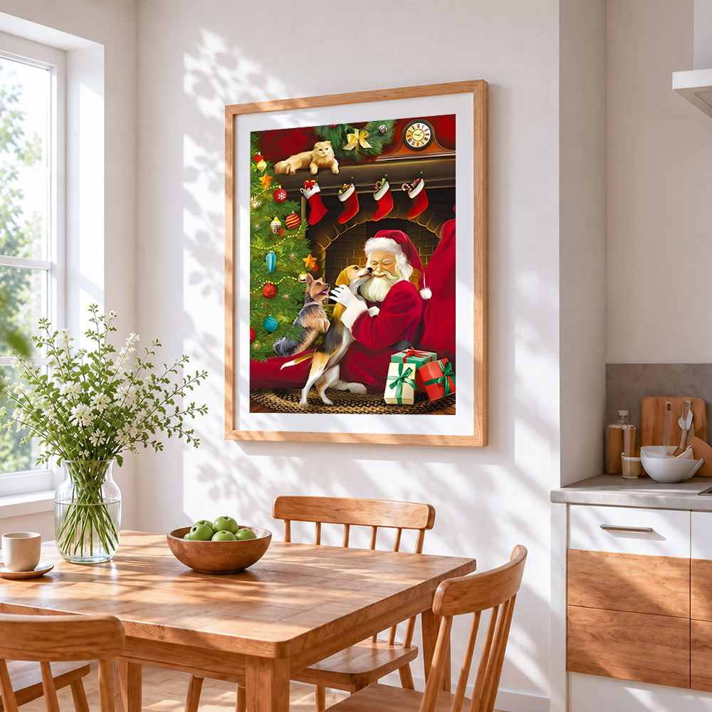 Father christmas cuddling dogs by the fire paint by numbers artwork displayed on wall as home decor
