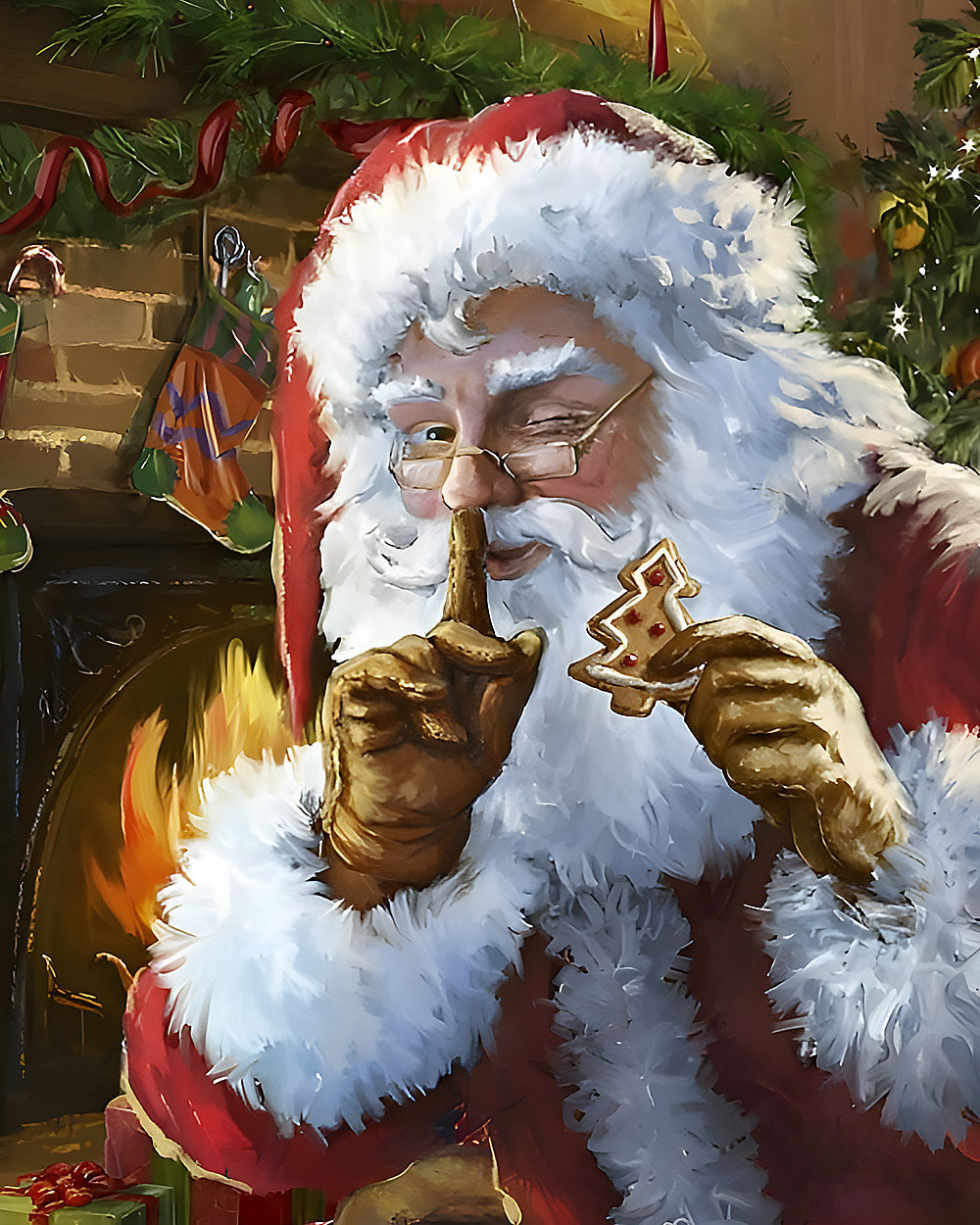 Father christmas eating a gingerbread man cross stitch kit for beginners