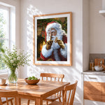 Father christmas eating a gingerbread man cross stitch artwork displayed on wall as home decor