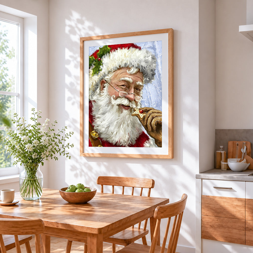 Father christmas eating a star cookie cross stitch artwork displayed on wall as home decor