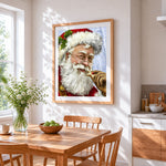 Father christmas eating a star cookie cross stitch artwork displayed on wall as home decor