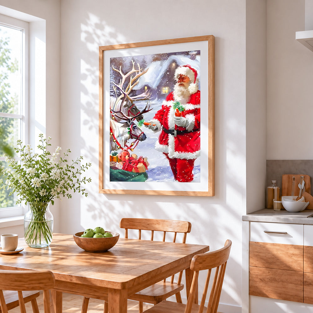 Father christmas feeding reindeer carrots cross stitch artwork displayed on wall as home decor