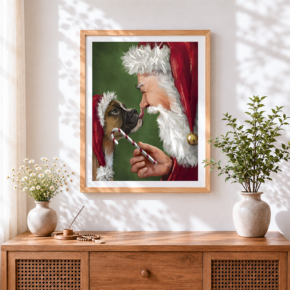 Finished father christmas giving a dog a candy cane cross stitch artwork displayed