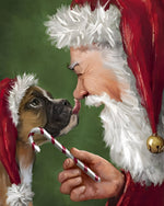 Father christmas giving a dog a candy cane cross stitch kit for beginners