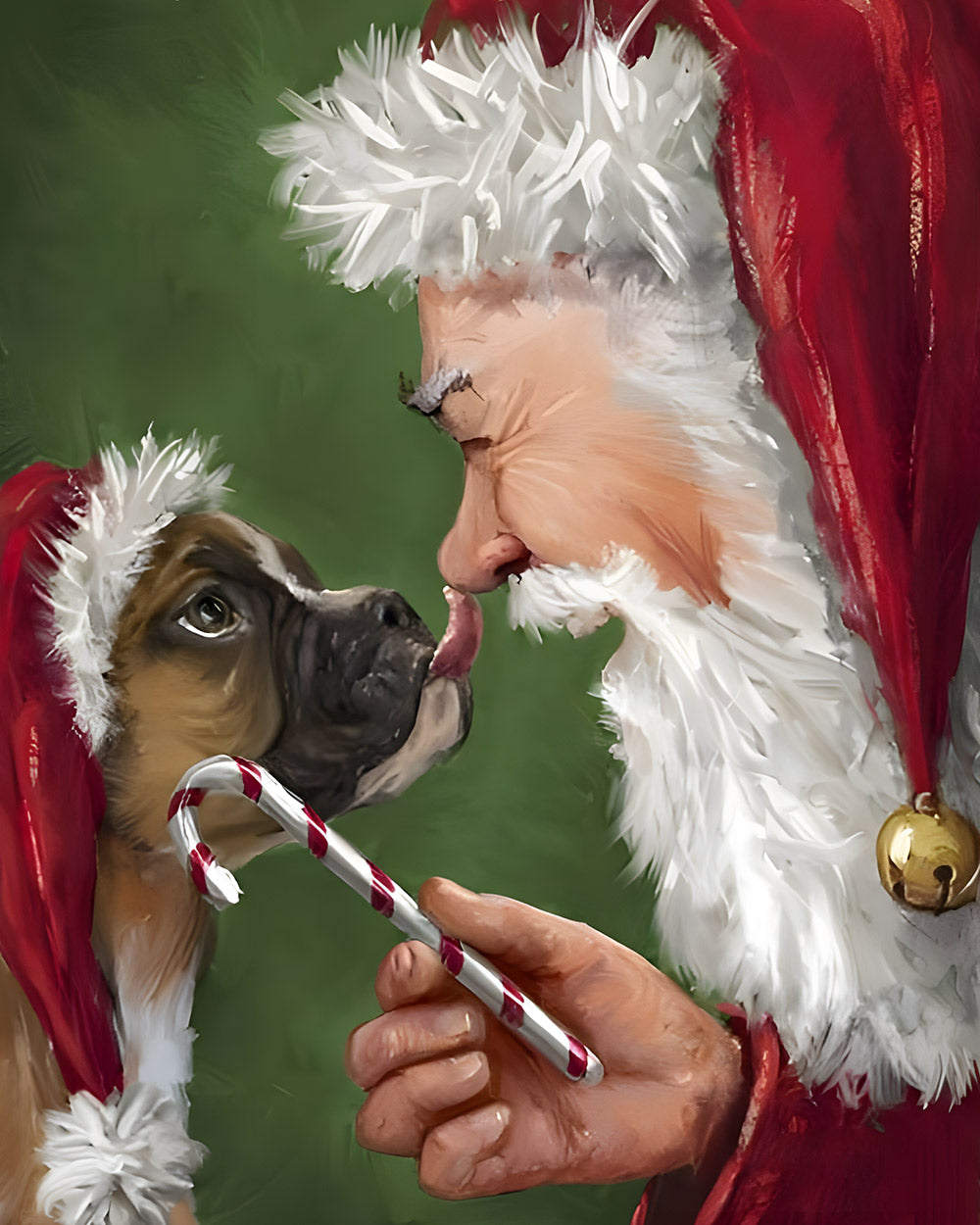Father christmas giving a dog a candy cane cross stitch kit for beginners