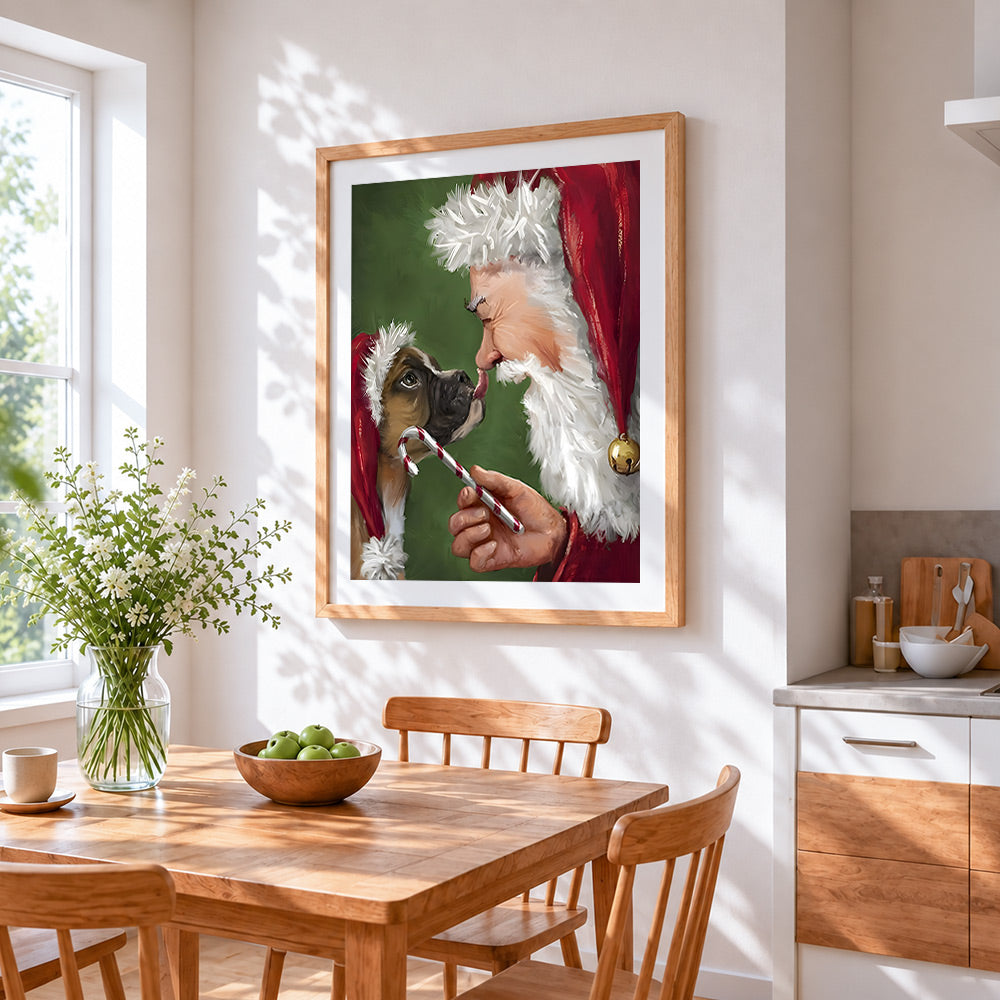 Father christmas giving a dog a candy cane cross stitch artwork displayed on wall as home decor