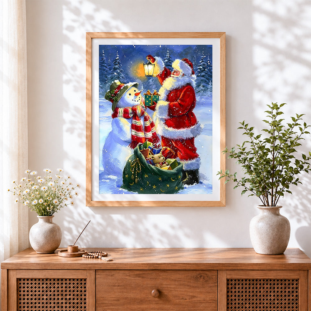 Finished father christmas giving a gift to a snowman cross stitch artwork displayed