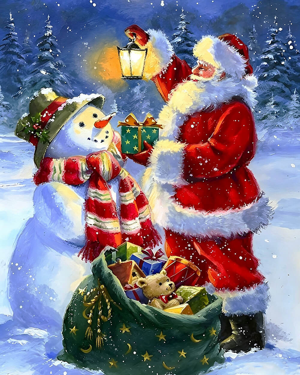 Father christmas giving a gift to a snowman cross stitch kit for beginners