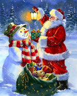 Father christmas giving a gift to a snowman cross stitch kit for beginners