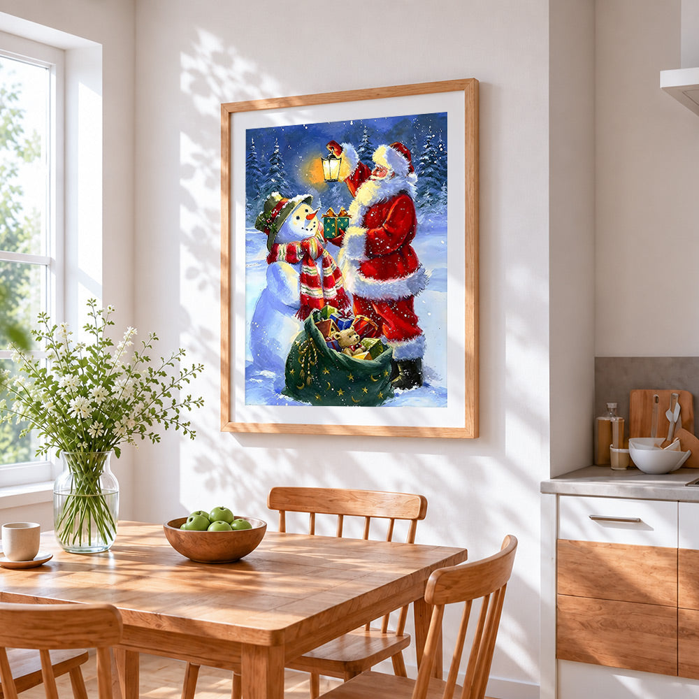 Father christmas giving a gift to a snowman cross stitch artwork displayed on wall as home decor