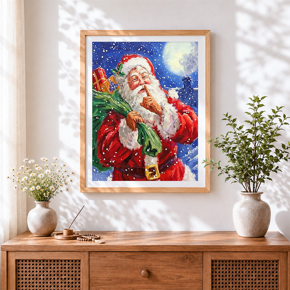Finished father christmas going "shh!" cross stitch artwork displayed