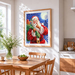 Father christmas going "shh!" cross stitch artwork displayed on wall as home decor
