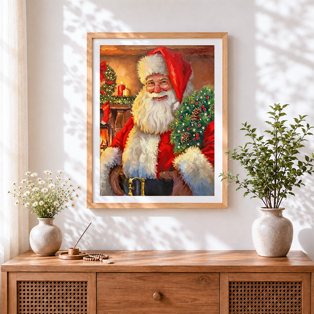 Finished father christmas holding a christmas wreath cross stitch artwork displayed