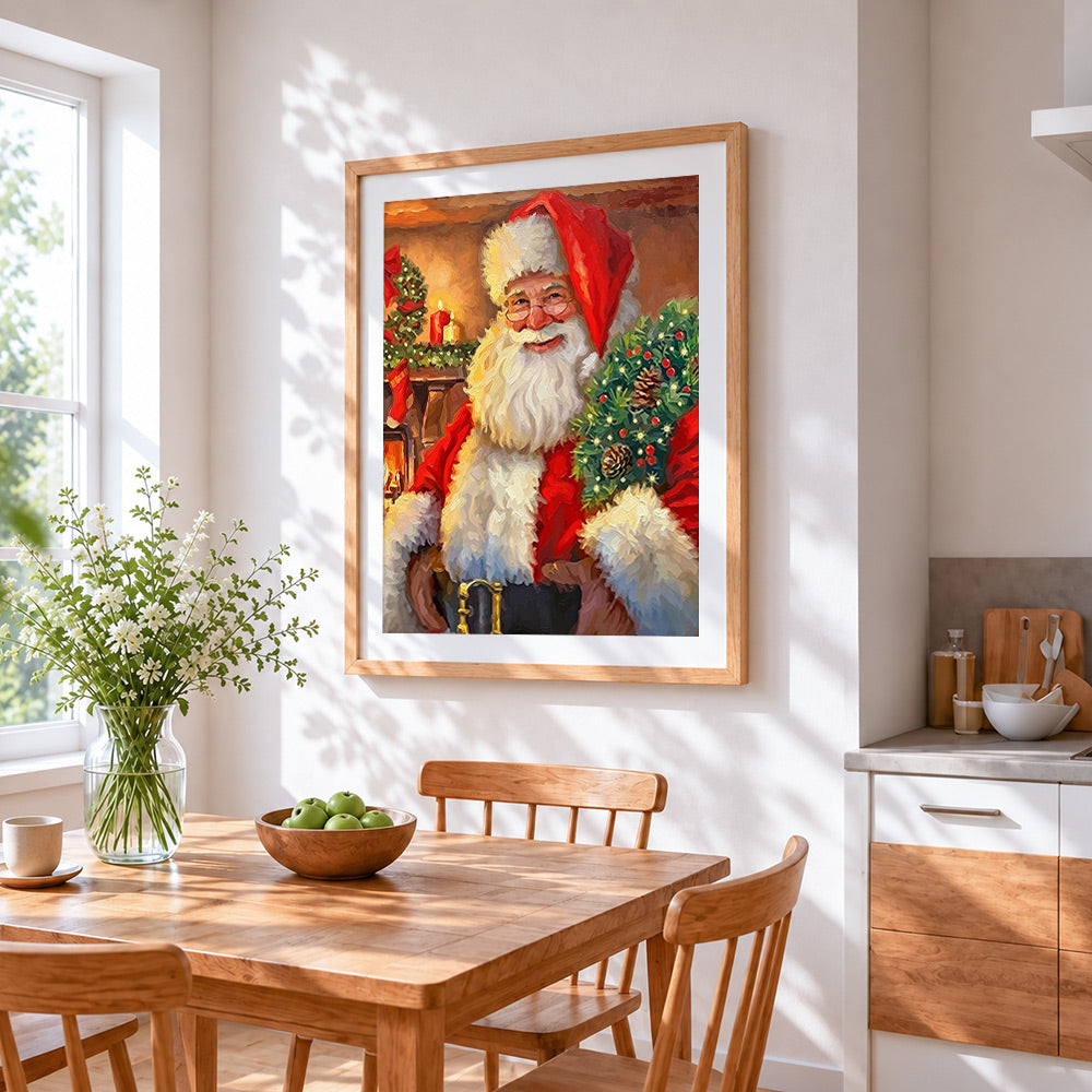 Father christmas holding a christmas wreath cross stitch artwork displayed on wall as home decor