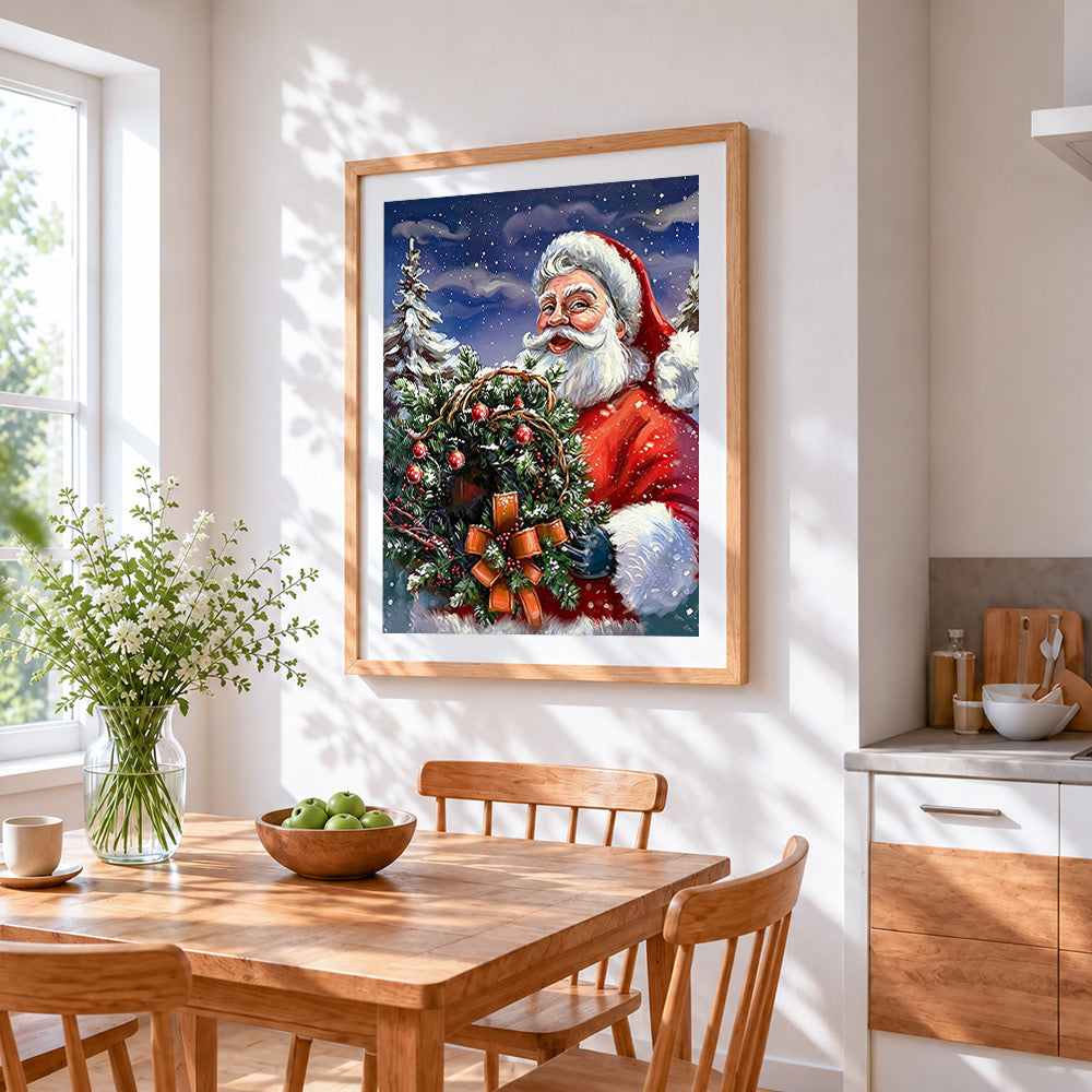Father christmas holding a festive wreath cross stitch artwork displayed on wall as home decor