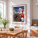 Father christmas holding a festive wreath cross stitch artwork displayed on wall as home decor