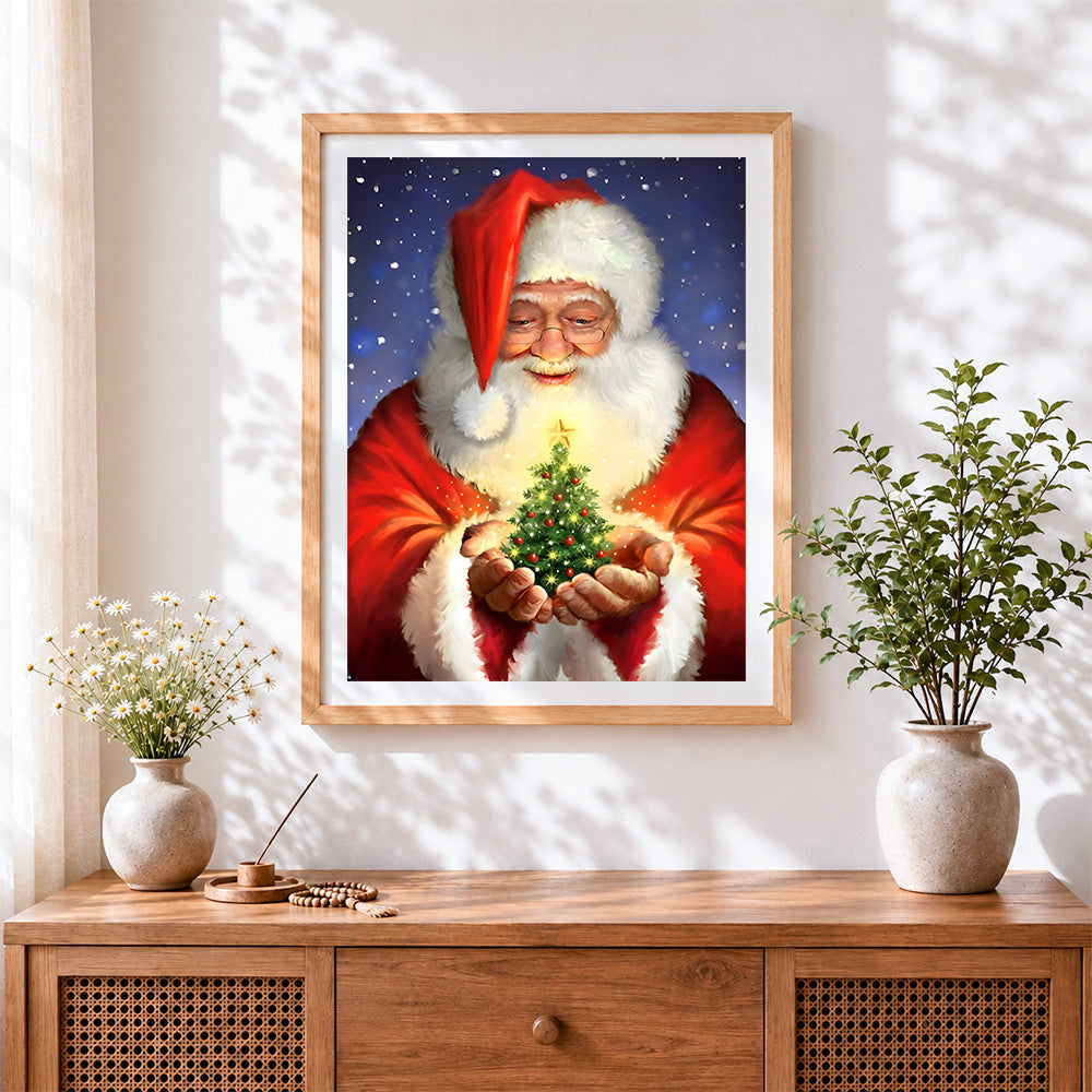 Finished father christmas holding a glowing tree paint by numbers artwork displayed as home decor