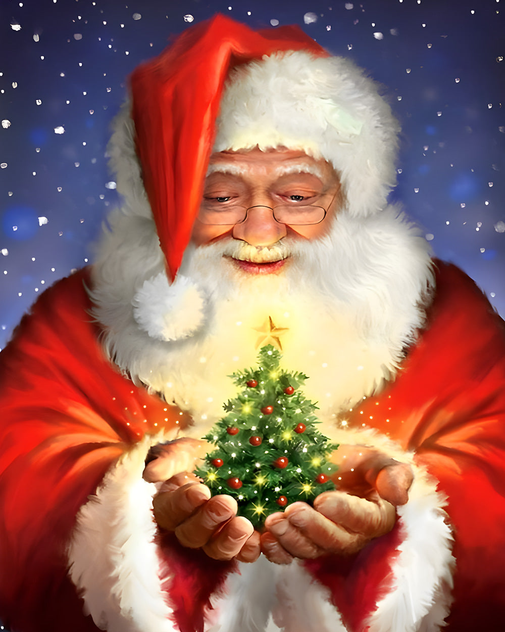 Father christmas holding a glowing tree paint by numbers kit for beginners