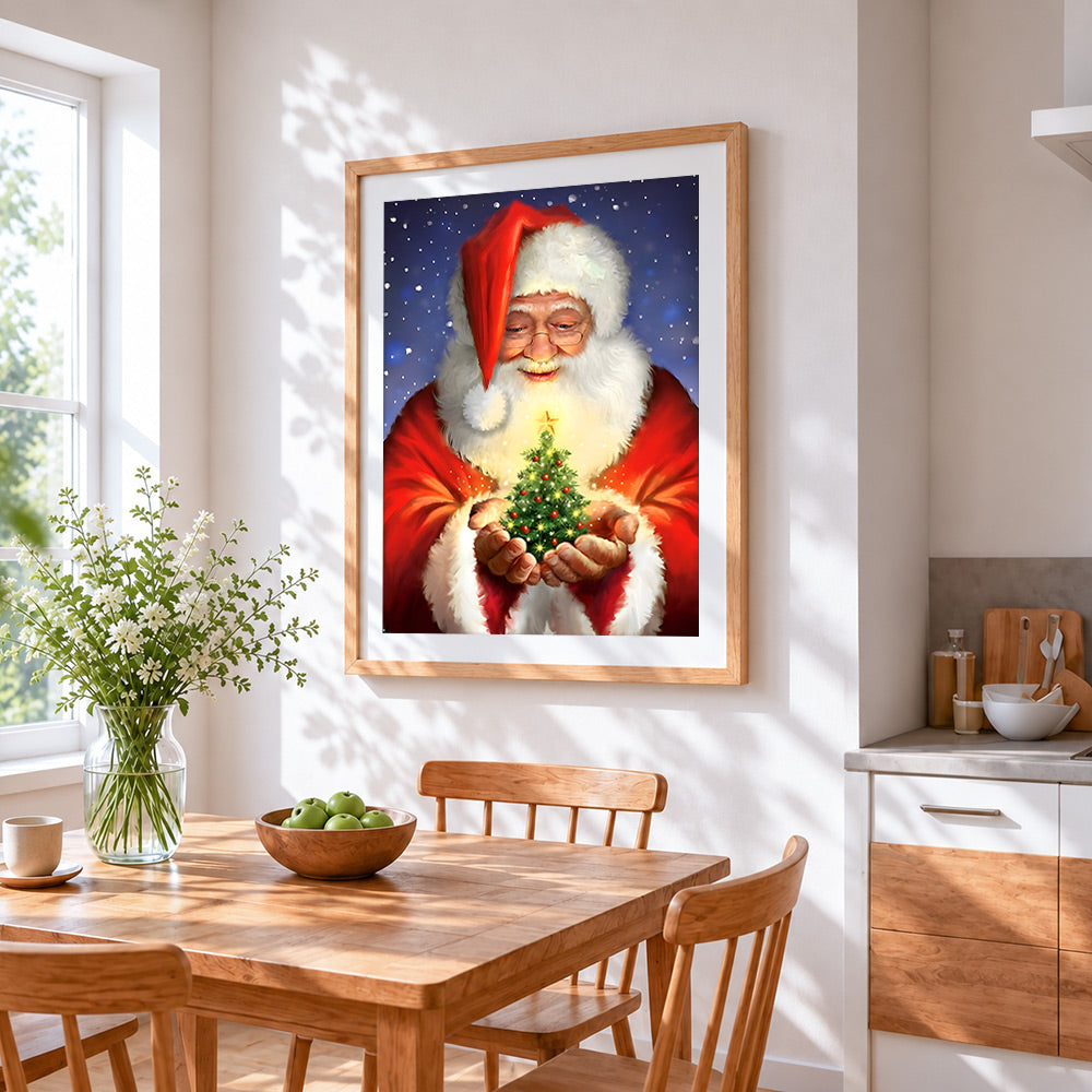 Father christmas holding a glowing tree paint by numbers artwork displayed on wall as home decor