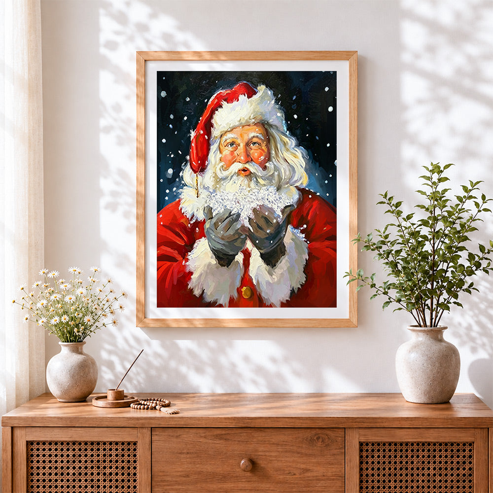 Finished father christmas holding a handful of snow cross stitch artwork displayed
