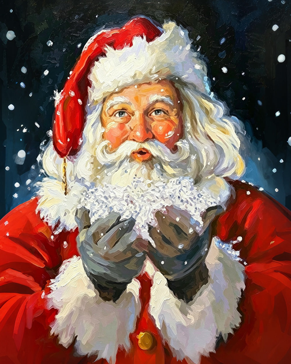 Father christmas holding a handful of snow cross stitch kit for beginners