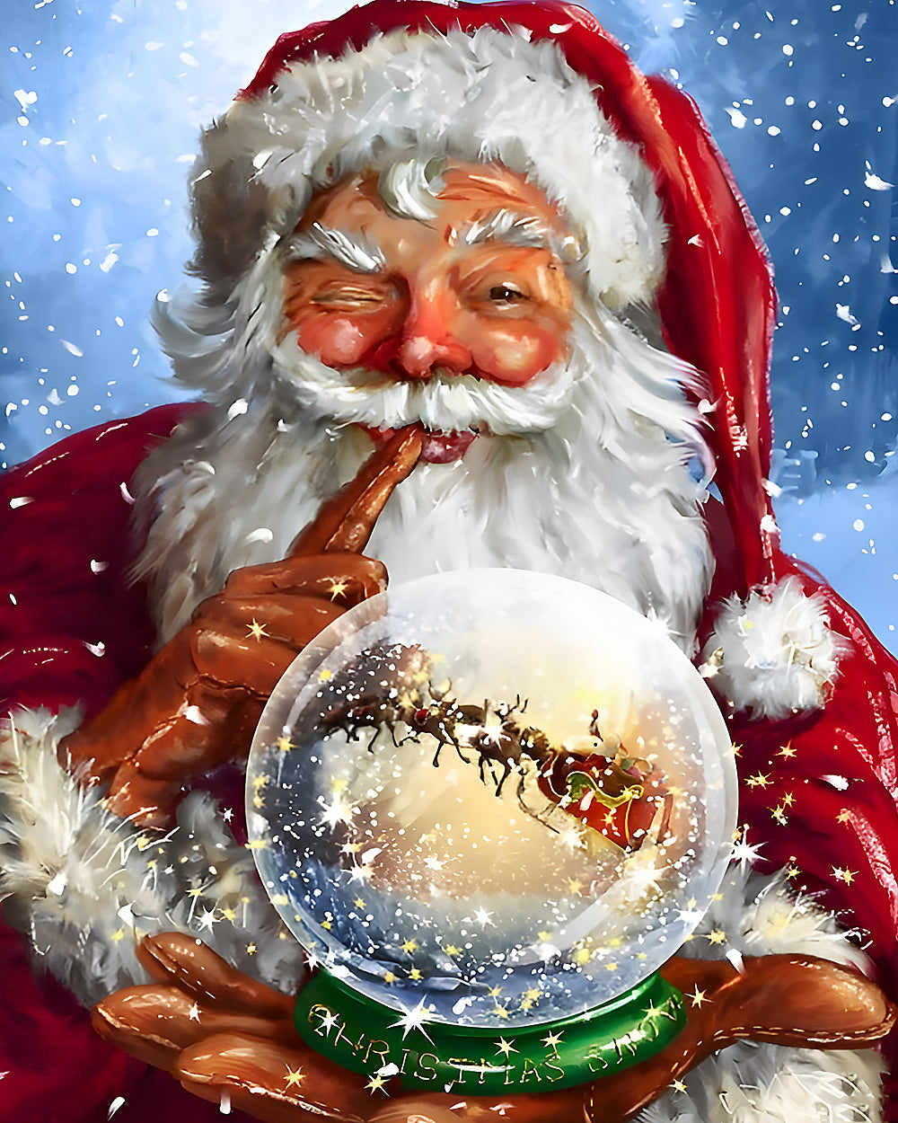 Father christmas holding a magic snow globe cross stitch kit for beginners