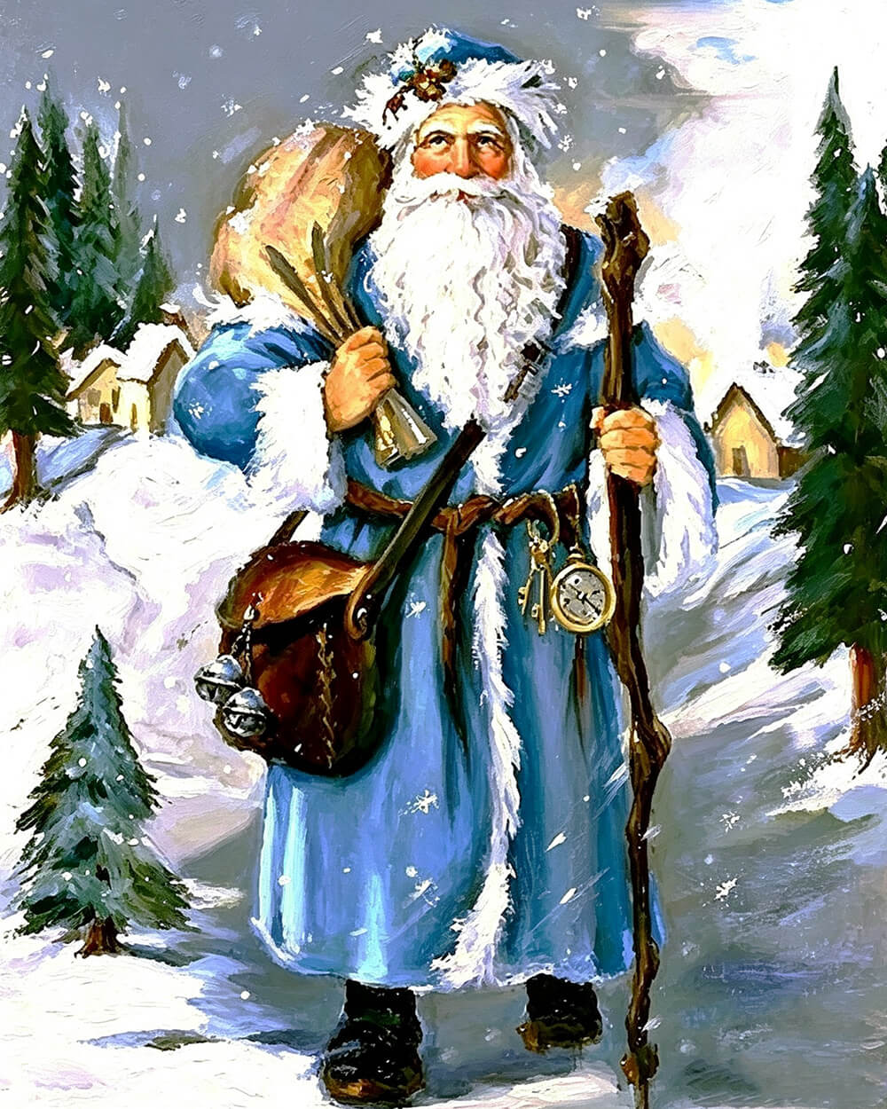 Father christmas in blue robe in winter forest cross stitch kit for beginners