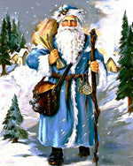 Father christmas in blue robe in winter forest cross stitch kit for beginners