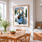 Father christmas in blue robe in winter forest cross stitch artwork displayed on wall as home decor