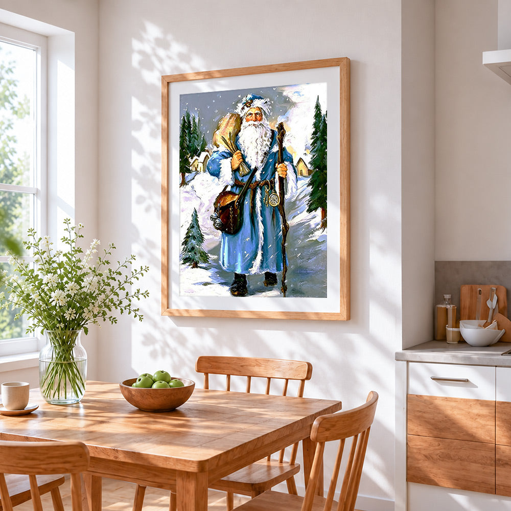 Father christmas in blue robe in winter forest cross stitch artwork displayed on wall as home decor