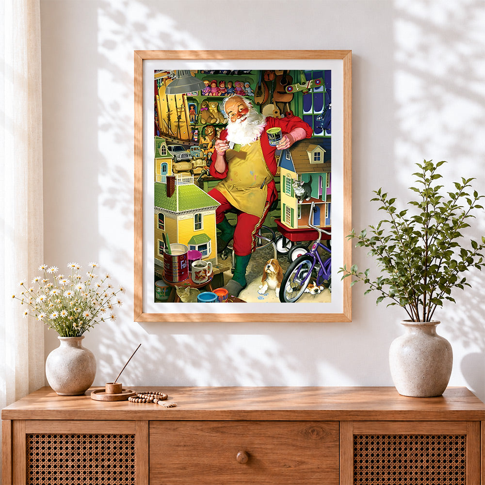 Finished father christmas in his toy workshop cross stitch artwork displayed