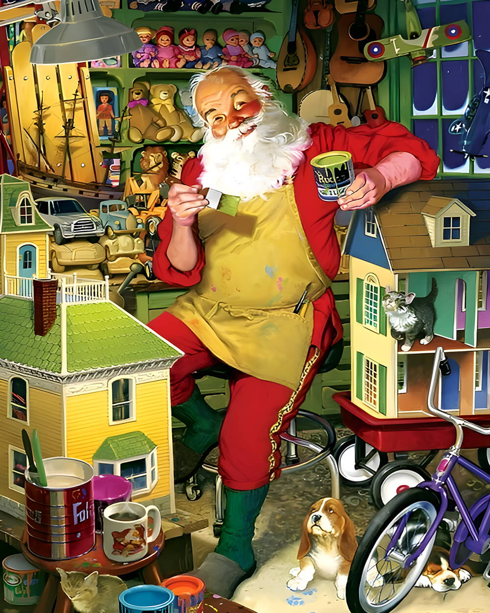 Father christmas in his toy workshop cross stitch kit for beginners