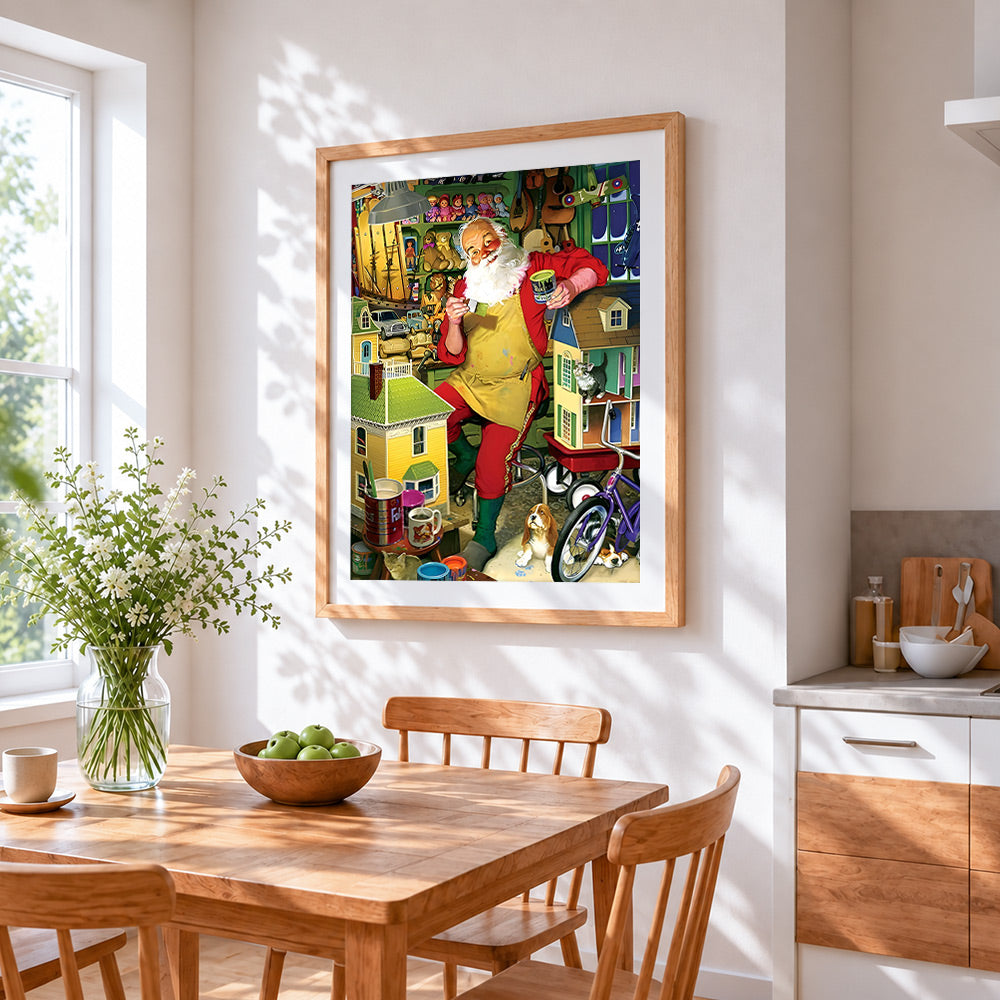 Father christmas in his toy workshop cross stitch artwork displayed on wall as home decor