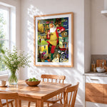 Father christmas in his toy workshop cross stitch artwork displayed on wall as home decor