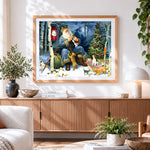 Finished father christmas in snowy woodland with puppies cross stitch artwork displayed